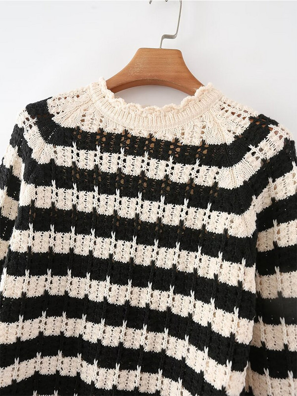 YENKYE jauns sieviešu svītrains Pointelle trikotāžas džemperis ar garām piedurknēm O kakla sieviešu rudens džemperi, eleganti topi