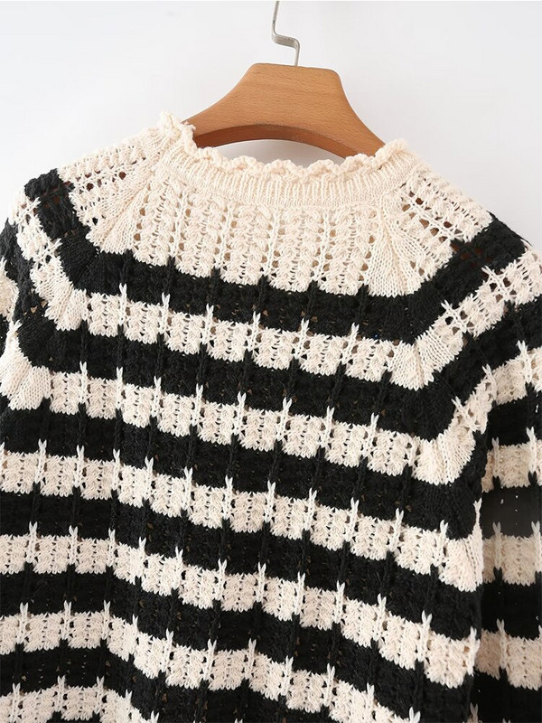 YENKYE jauns sieviešu svītrains Pointelle trikotāžas džemperis ar garām piedurknēm O kakla sieviešu rudens džemperi, eleganti topi