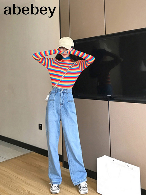 Ziemas varavīksnes trikotāžas sieviešu džemperi un garām piedurknēm ikdienas džemperi ar O veida kakla izgriezumu Sueter Mujer topi svītrains džemperis ar apkakli