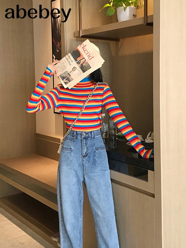 Ziemas varavīksnes trikotāžas sieviešu džemperi un garām piedurknēm ikdienas džemperi ar O veida kakla izgriezumu Sueter Mujer topi svītrains džemperis ar apkakli