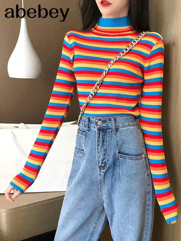 Ziemas varavīksnes trikotāžas sieviešu džemperi un garām piedurknēm ikdienas džemperi ar O veida kakla izgriezumu Sueter Mujer topi svītrains džemperis ar apkakli