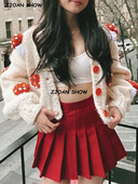 2022. gada retro ar rokām darināta tamborēta 3D sēņu bumbiņu jaka Vintage Woman, V kakla, garām piedurknēm, violets adīšanas džemperis, trikotāžas džemperis