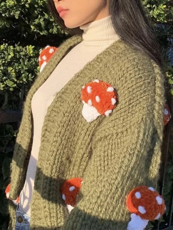 2022. gada retro ar rokām darināta tamborēta 3D sēņu bumbiņu jaka Vintage Woman, V kakla, garām piedurknēm, violets adīšanas džemperis, trikotāžas džemperis