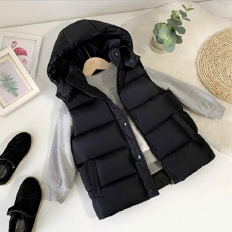 Ziemas kokvilnas silta modes veste ar kapuci zēniem, meitenēm, sabiezināta bezpiedurkņu jaka bērniem, veste mētelis bērnu apģērbi, topi