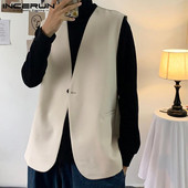 2022. Modni muški prsluci s jednim gumbom s V izrezom Ulična odjeća Ležerni prsluci bez rukava Jednobojni elegantni muški kaputi S-5XL INCERUN 7