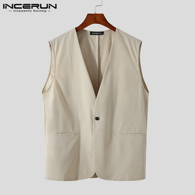 2022. Modni muški prsluci s jednim gumbom s V izrezom Ulična odjeća Ležerni prsluci bez rukava Jednobojni elegantni muški kaputi S-5XL INCERUN 7