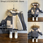 2022. gada ziemas zēnu mētelis jauns zīdaiņa kažokādas apkakle ar kapuci Kokvilnas plus samta bieza silta jaka bērniem Parka 2-8 gadi bērnu apģērbi