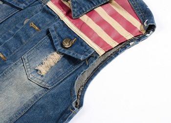 2021 Нова дънкова жилетка Американско знаме Ежедневни пънк рок дупки Каубойски сини дънки Жилетка Модна мъжка мотоциклетна жилетка без ръкави