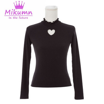 Mikumn Punk Gothic Women Autumn White Black Love Heart Hollow Out Sexy Slim Bottonce Shirt Женски трикотажни горнища