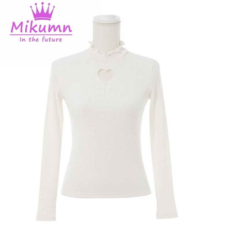 Mikumn Punk Gothic Sieviešu rudens balts, melns mīlestības sirds dobs, seksīgs, plāns krekls sieviešu trikotāžas topi