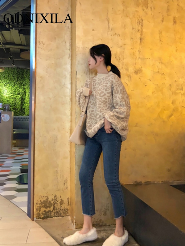Νέο πουλόβερ Γυναικεία ζιβάγκο Λεοπάρ Πλεκτό Πλεκτό Πλεκτό πουλόβερ Χειμώνας Χοντρό Γυναικείο Πουλόβερ Casual Μπλούζες Υπερμεγέθη πουλόβερ πουλόβερ