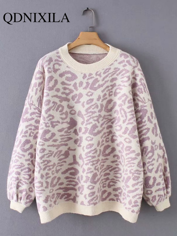 Νέο πουλόβερ Γυναικεία ζιβάγκο Λεοπάρ Πλεκτό Πλεκτό Πλεκτό πουλόβερ Χειμώνας Χοντρό Γυναικείο Πουλόβερ Casual Μπλούζες Υπερμεγέθη πουλόβερ πουλόβερ
