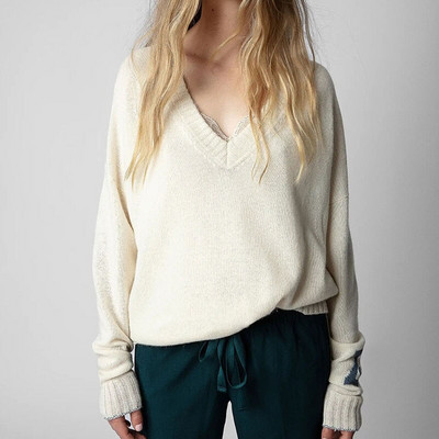 2022. gada rudens Ziemas sieviešu džemperis ar burtu apkakli sieviešu džemperis, 100% vilna ar garām piedurknēm, vaļīgas aproces, šķēlums