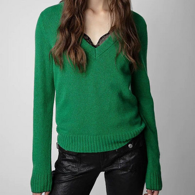 2022. gada rudens Ziemas sieviešu džemperis ar burtu apkakli sieviešu džemperis, 100% vilna ar garām piedurknēm, vaļīgas aproces, šķēlums