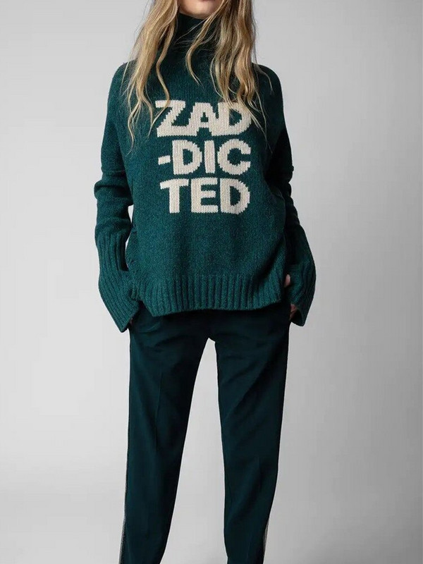 2022. gada rudens Ziemas sieviešu džemperis ar burtu apkakli sieviešu džemperis, 100% vilna ar garām piedurknēm, vaļīgas aproces, šķēlums