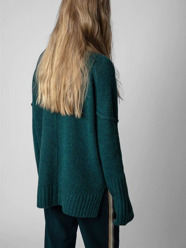 2022. gada rudens Ziemas sieviešu džemperis ar burtu apkakli sieviešu džemperis, 100% vilna ar garām piedurknēm, vaļīgas aproces, šķēlums