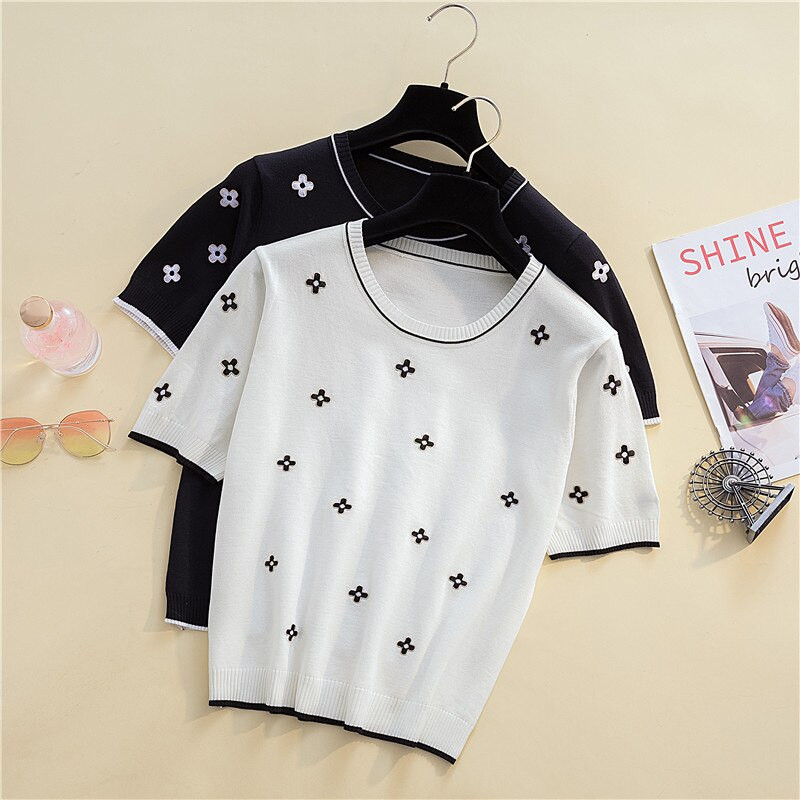 kokvilnas T-krekls sieviešu 2022. gada vasaras jauns džemperis ar O veida kakla izgriezumu Ziedu trikotāža Lielizmēra ikdienas džemperis ar īsām piedurknēm sueters de mujer