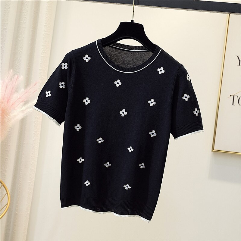 kokvilnas T-krekls sieviešu 2022. gada vasaras jauns džemperis ar O veida kakla izgriezumu Ziedu trikotāža Lielizmēra ikdienas džemperis ar īsām piedurknēm sueters de mujer