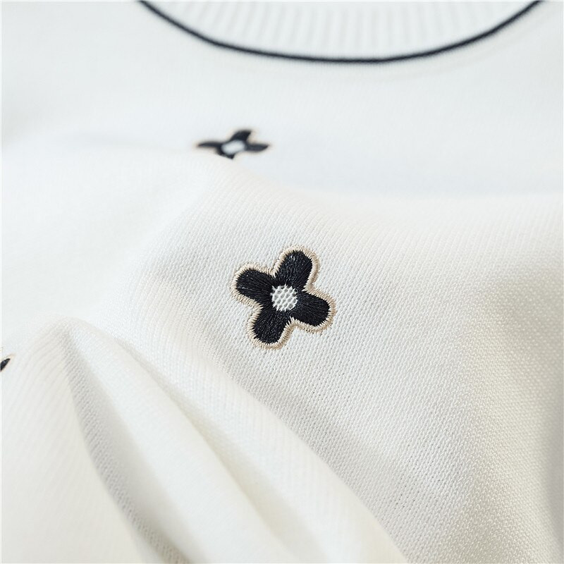 kokvilnas T-krekls sieviešu 2022. gada vasaras jauns džemperis ar O veida kakla izgriezumu Ziedu trikotāža Lielizmēra ikdienas džemperis ar īsām piedurknēm sueters de mujer