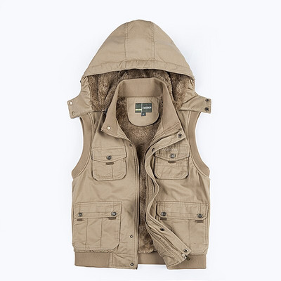 Fleece Hoodie Multi Pocket vīriešu veste ziemai Autun vīriešu bieza silta parka ceļojumu haki krāsas veste bez piedurknēm ar daudzām kabatām