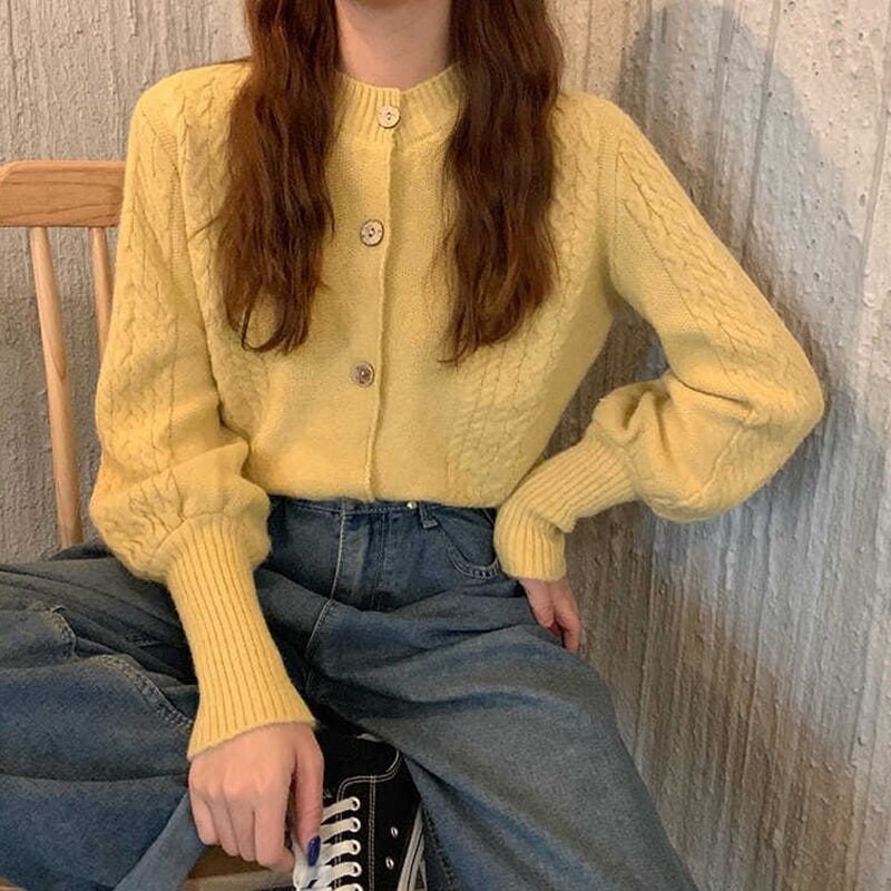 Rimocy koreai sárga kötött kardigán, női, 2021. őszi O-nyakú lámpás hosszú ujjú pulóverek, női, egysoros női pulóver