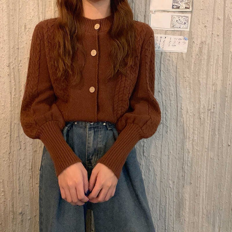 Rimocy koreai sárga kötött kardigán, női, 2021. őszi O-nyakú lámpás hosszú ujjú pulóverek, női, egysoros női pulóver