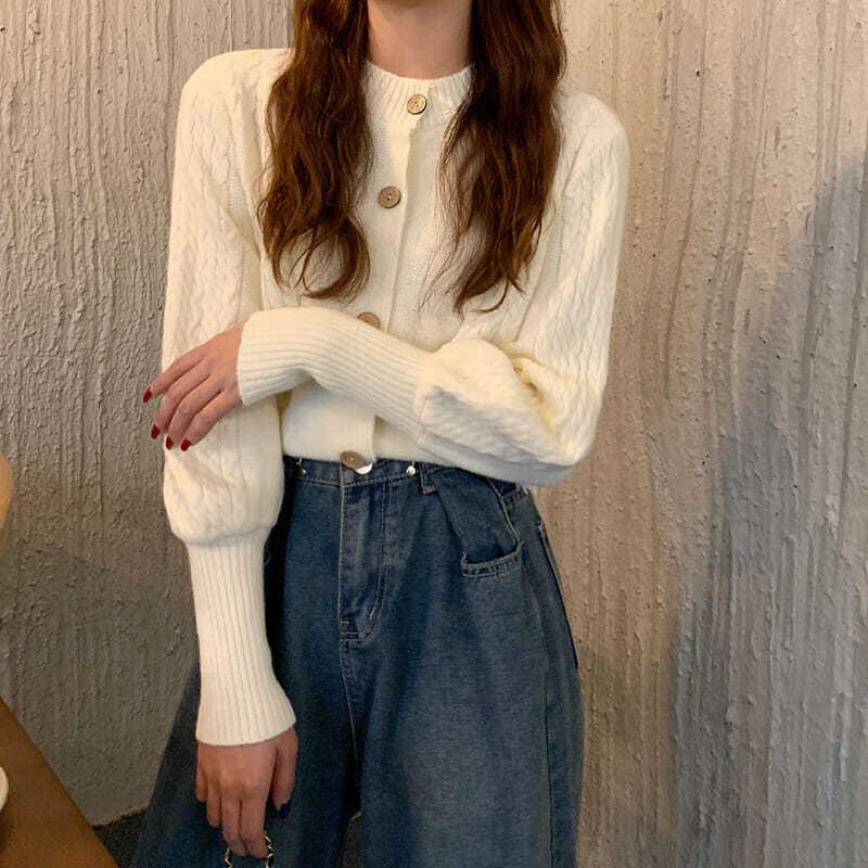 Rimocy koreai sárga kötött kardigán, női, 2021. őszi O-nyakú lámpás hosszú ujjú pulóverek, női, egysoros női pulóver