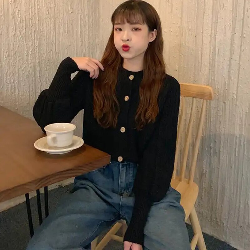 Rimocy koreai sárga kötött kardigán, női, 2021. őszi O-nyakú lámpás hosszú ujjú pulóverek, női, egysoros női pulóver