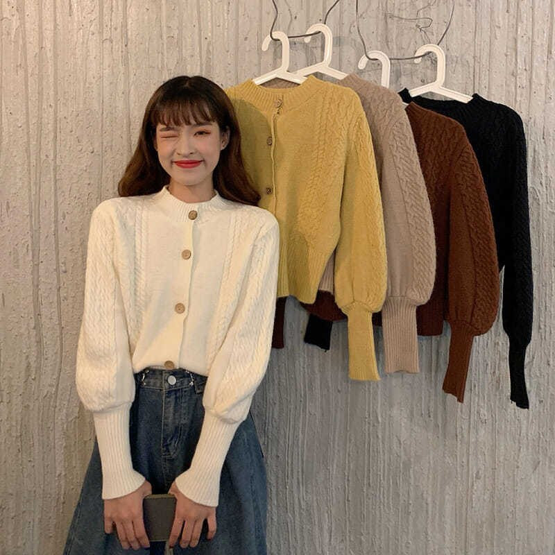 Rimocy koreai sárga kötött kardigán, női, 2021. őszi O-nyakú lámpás hosszú ujjú pulóverek, női, egysoros női pulóver