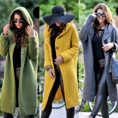 2022 Νέα γυναικεία κουκούλα κασμίρ μακριά ζακέτα πλεκτή χειμωνιάτικο πουλόβερ Γυναικείο πουλόβερ παλτό ζακέτα τσέπης