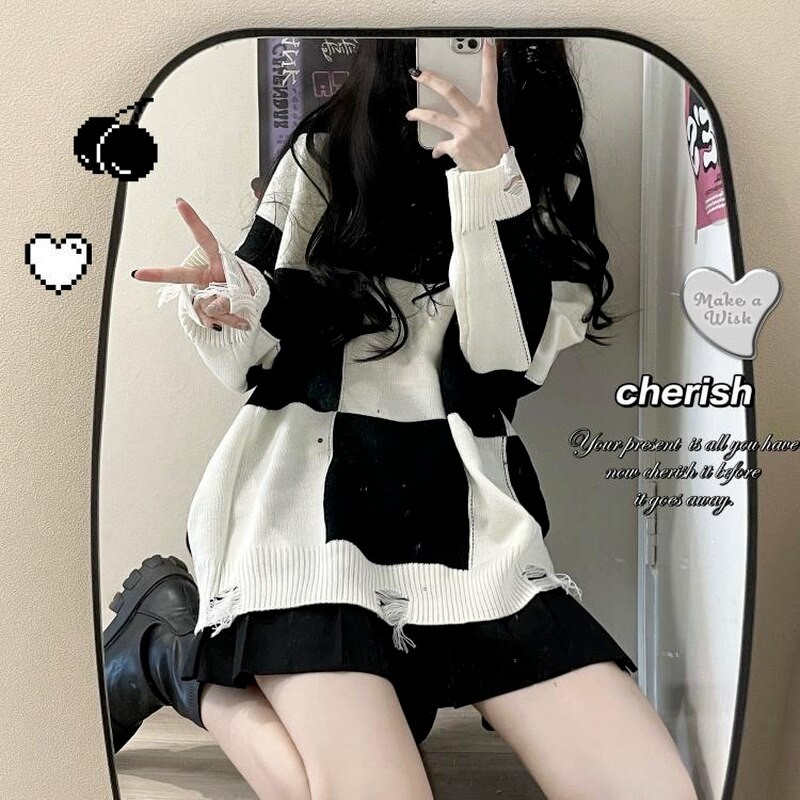 Καρό Deeptown Κορεάτικο χαριτωμένο γυναικείο πουλόβερ Harajuku Hollow Out Πλεκτό πουλόβερ με λαιμόκοψη Γυναικεία μπλουζάκια ιδρώτα