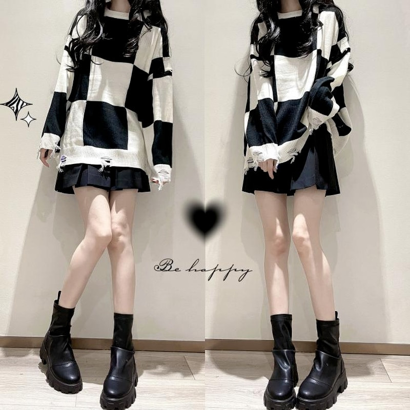 Καρό Deeptown Κορεάτικο χαριτωμένο γυναικείο πουλόβερ Harajuku Hollow Out Πλεκτό πουλόβερ με λαιμόκοψη Γυναικεία μπλουζάκια ιδρώτα