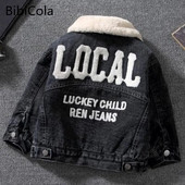 Pusaudžu zēni meitenes rudens ziemas flīsa silta džinsa jaka Big Boys modes burtu apdruka mētelis bērnu apģērbi topi 1-7 gadus veci