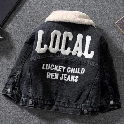 Pusaudžu zēni meitenes rudens ziemas flīsa silta džinsa jaka Big Boys modes burtu apdruka mētelis bērnu apģērbi topi 1-7 gadus veci