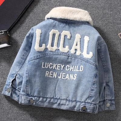 Pusaudžu zēni meitenes rudens ziemas flīsa silta džinsa jaka Big Boys modes burtu apdruka mētelis bērnu apģērbi topi 1-7 gadus veci