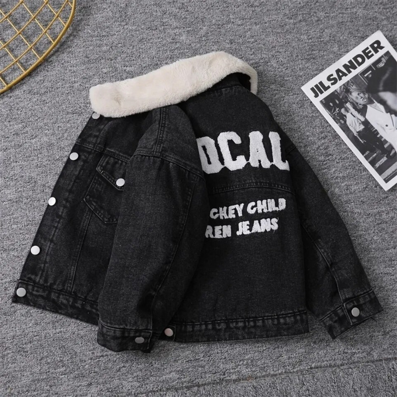 Pusaudžu zēni meitenes rudens ziemas flīsa silta džinsa jaka Big Boys modes burtu apdruka mētelis bērnu apģērbi topi 1-7 gadus veci