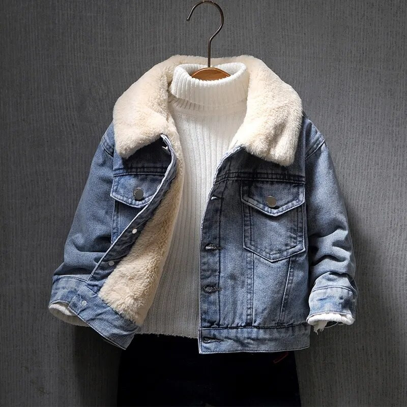 Pusaudžu zēni meitenes rudens ziemas flīsa silta džinsa jaka Big Boys modes burtu apdruka mētelis bērnu apģērbi topi 1-7 gadus veci