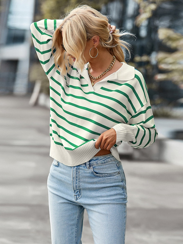 Ženska moda Jesen Zima Prugasti pleteni široki pulover Ženski pulover na rever Mekana ležerna ulična odjeća Gornji dijelovi Ženski pulover Ženski