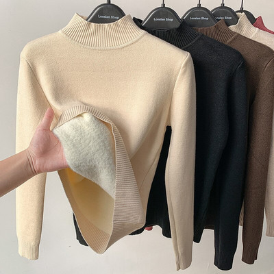 Πλεκτά πουλόβερ με μισό ζιβάγκο Κορεάτικα Μόδα Ρούχα Γυναικεία 2022 Χειμερινό πουλόβερ Casual Fleece Lined Ζεστό Πλεκτό Πουκάμισο Βάσης