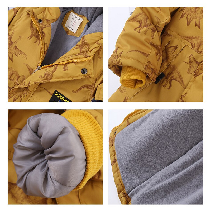 Φθινοπωρινά χειμωνιάτικα πάρκα κινουμένων σχεδίων για παιδιά μόδας με μοτίβο δεινοσαύρων με κουκούλα παλτό για αγόρια συν με γούνα χοντρά ζεστά ρούχα