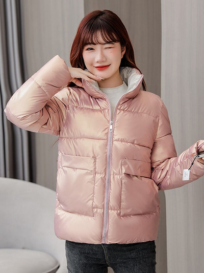 Női téli kabát, hosszú ujjú, zsebekkel, állógallérral