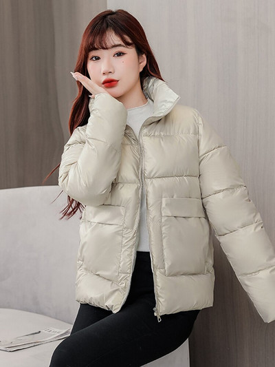 Női téli kabát, hosszú ujjú, zsebekkel, állógallérral