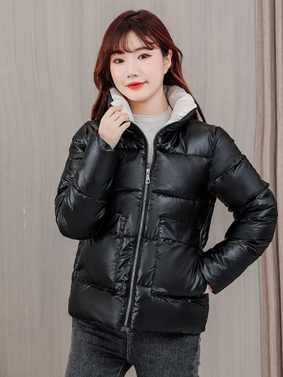 Női téli kabát, hosszú ujjú, zsebekkel, állógallérral