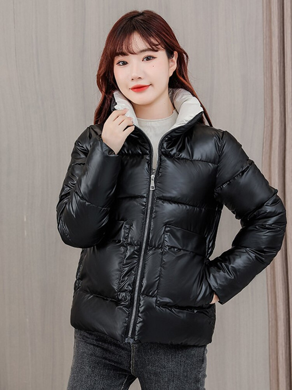 Női téli kabát, hosszú ujjú, zsebekkel, állógallérral