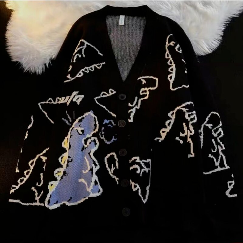 Woherb tavaszi őszi V nyakú pulóver Kardigán női dinoszaurusz rajzfilmnyomat Kötött kardigán női 2022 Harajuku kötöttáru pulóver
