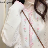 Vintage jaciņa 2022 Sieviešu apģērbs Sueter De Mujer dobi, brīvi izvelkami sieviešu izšuvumi ar ziediem, saldi trikotāžas džemperi Topi