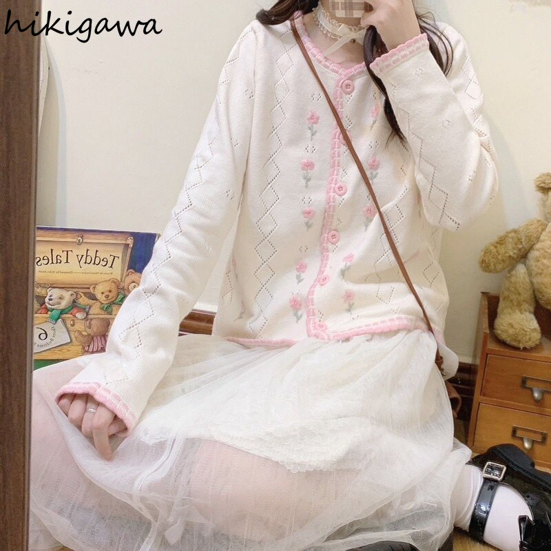 Vintage jaciņa 2022 Sieviešu apģērbs Sueter De Mujer dobi, brīvi izvelkami sieviešu izšuvumi ar ziediem, saldi trikotāžas džemperi Topi