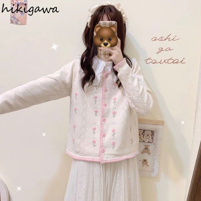 Vintage jaciņa 2022 Sieviešu apģērbs Sueter De Mujer dobi, brīvi izvelkami sieviešu izšuvumi ar ziediem, saldi trikotāžas džemperi Topi