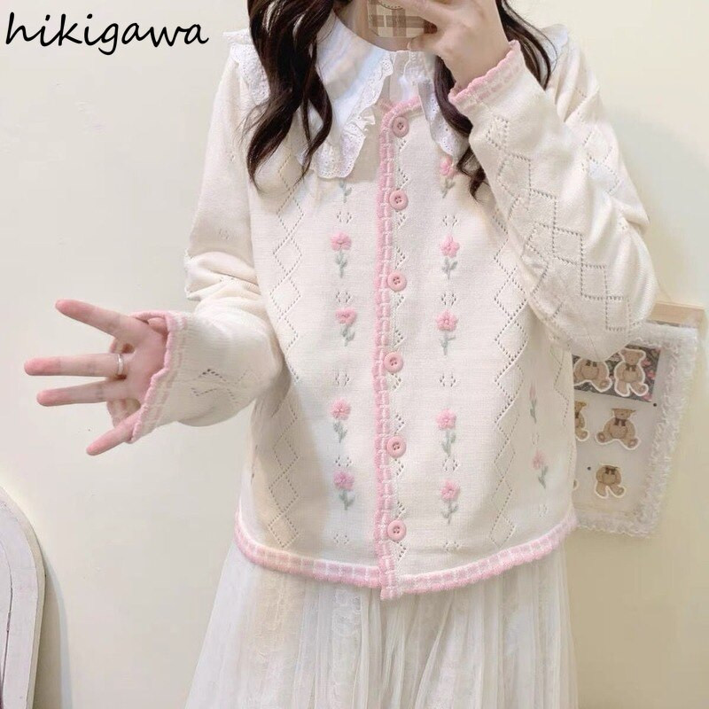 Vintage jaciņa 2022 Sieviešu apģērbs Sueter De Mujer dobi, brīvi izvelkami sieviešu izšuvumi ar ziediem, saldi trikotāžas džemperi Topi