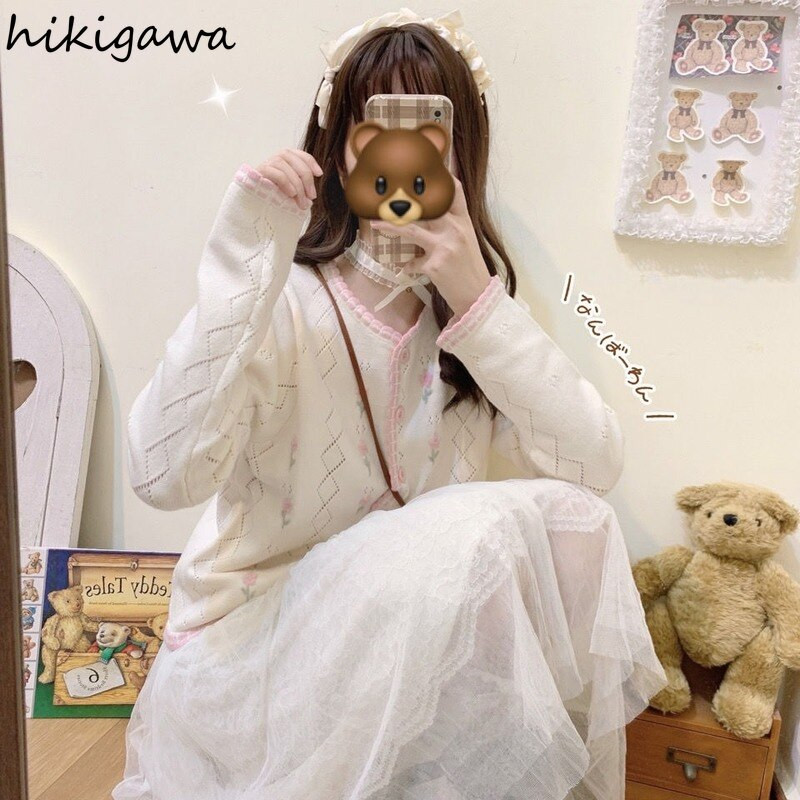 Vintage jaciņa 2022 Sieviešu apģērbs Sueter De Mujer dobi, brīvi izvelkami sieviešu izšuvumi ar ziediem, saldi trikotāžas džemperi Topi